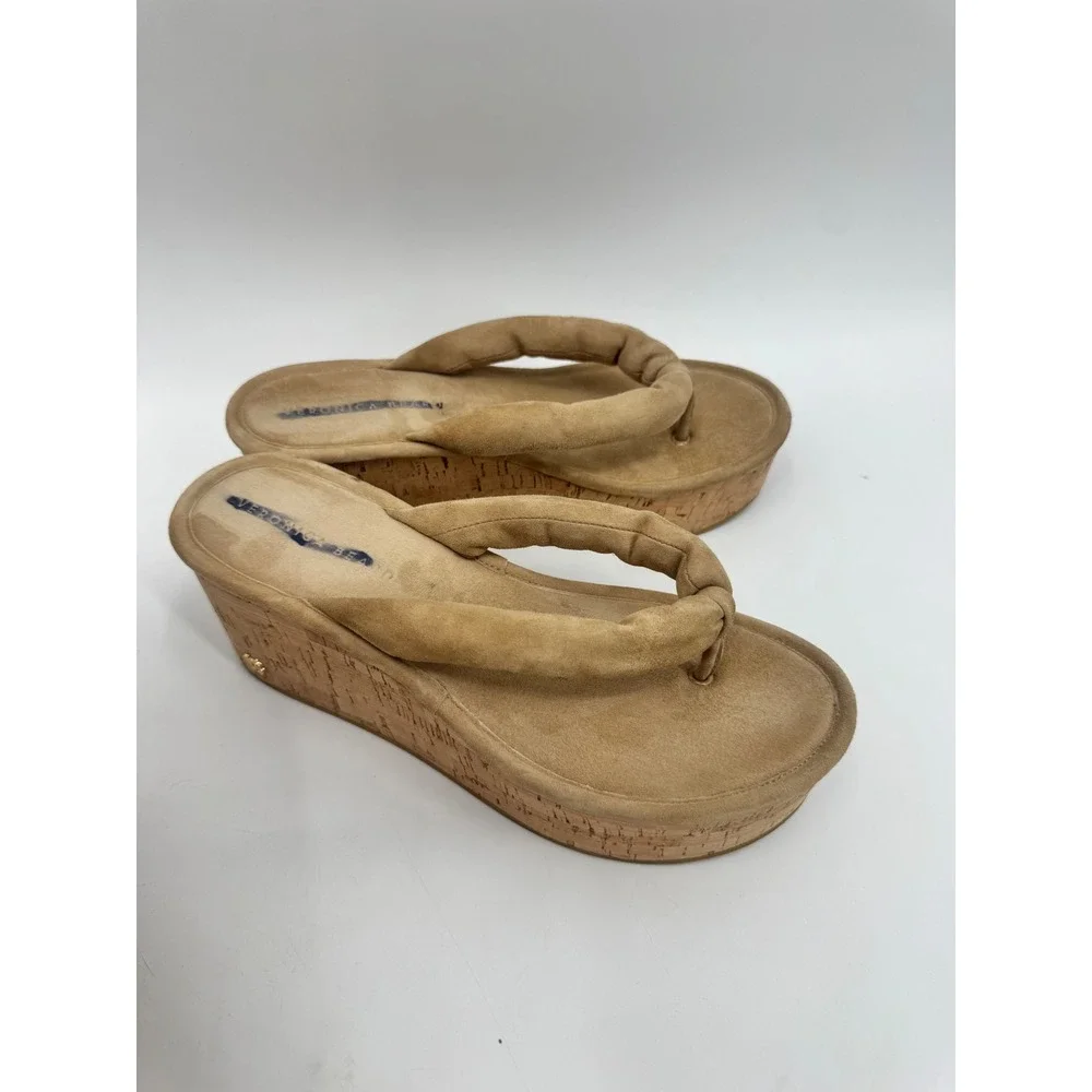 Veronica Beard Platform Sandal Women 9.5 Tan Cork Wedge Suede Thong